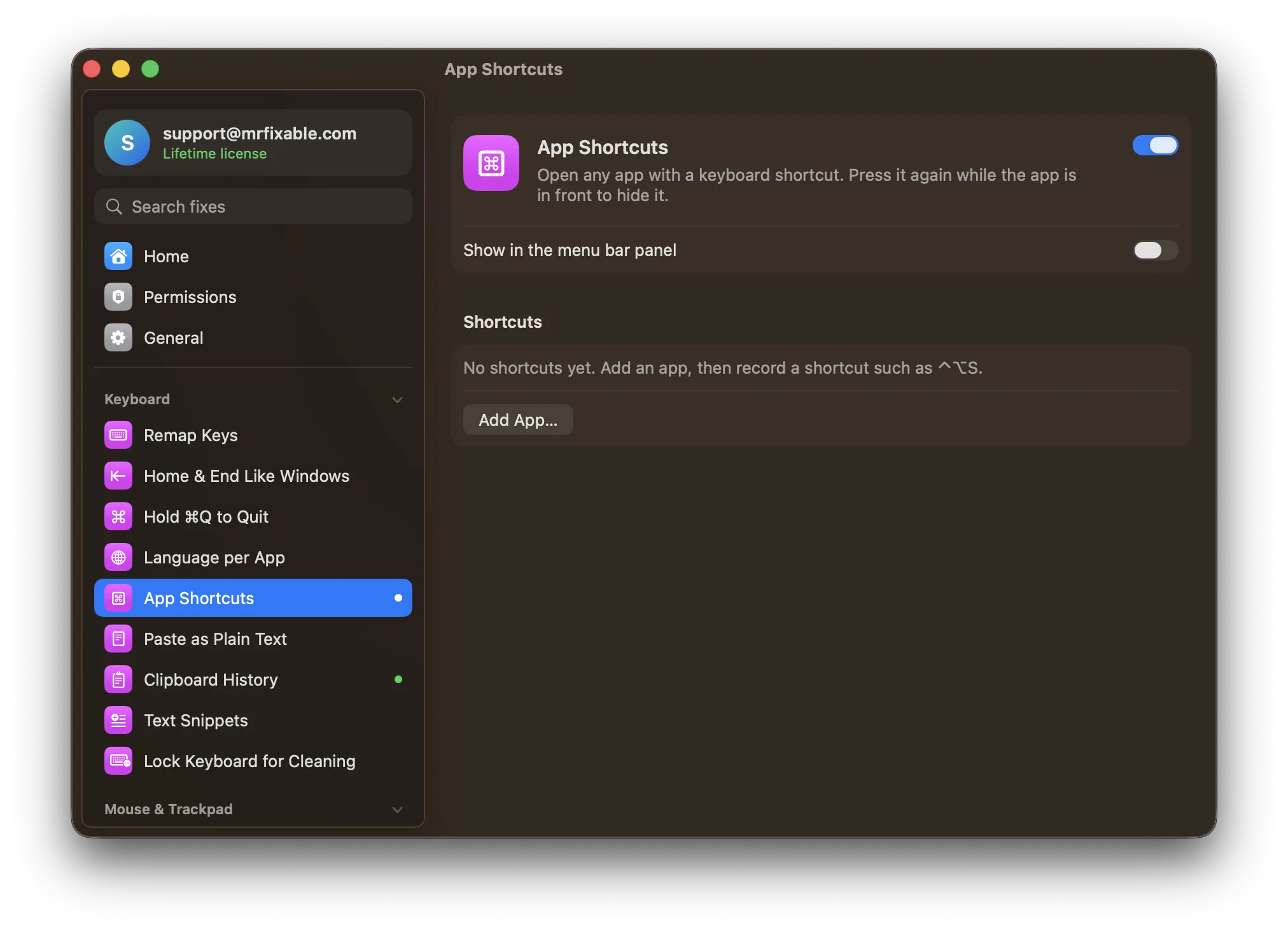 App Shortcuts in MrFixable