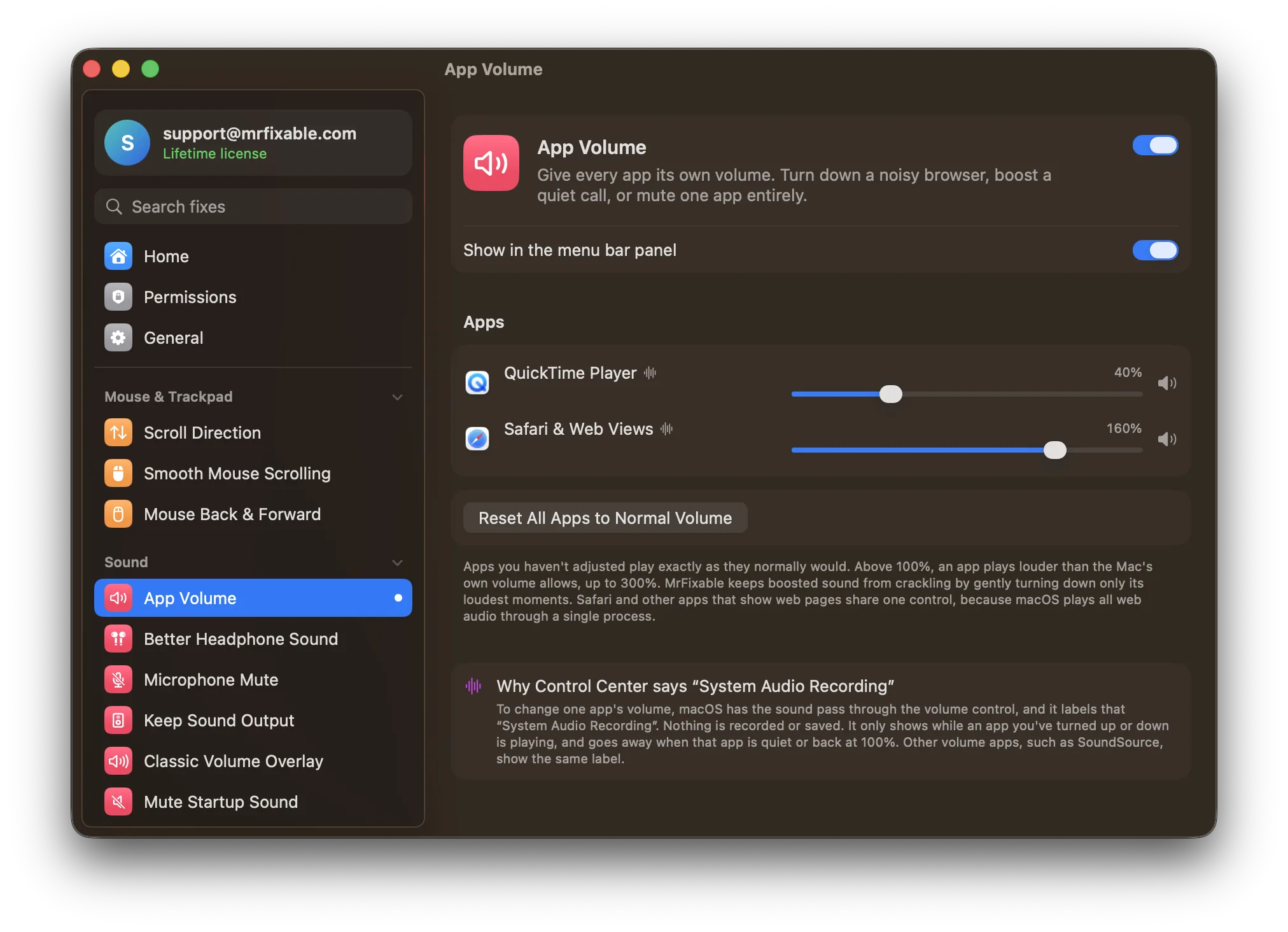 App Volume in MrFixable