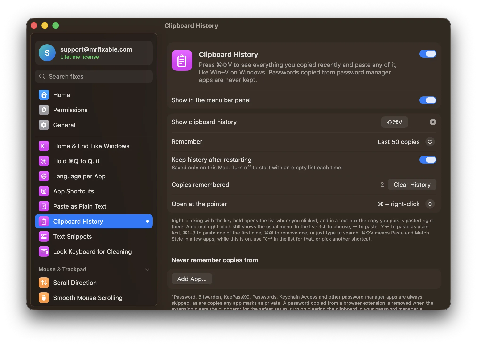 Clipboard History in MrFixable