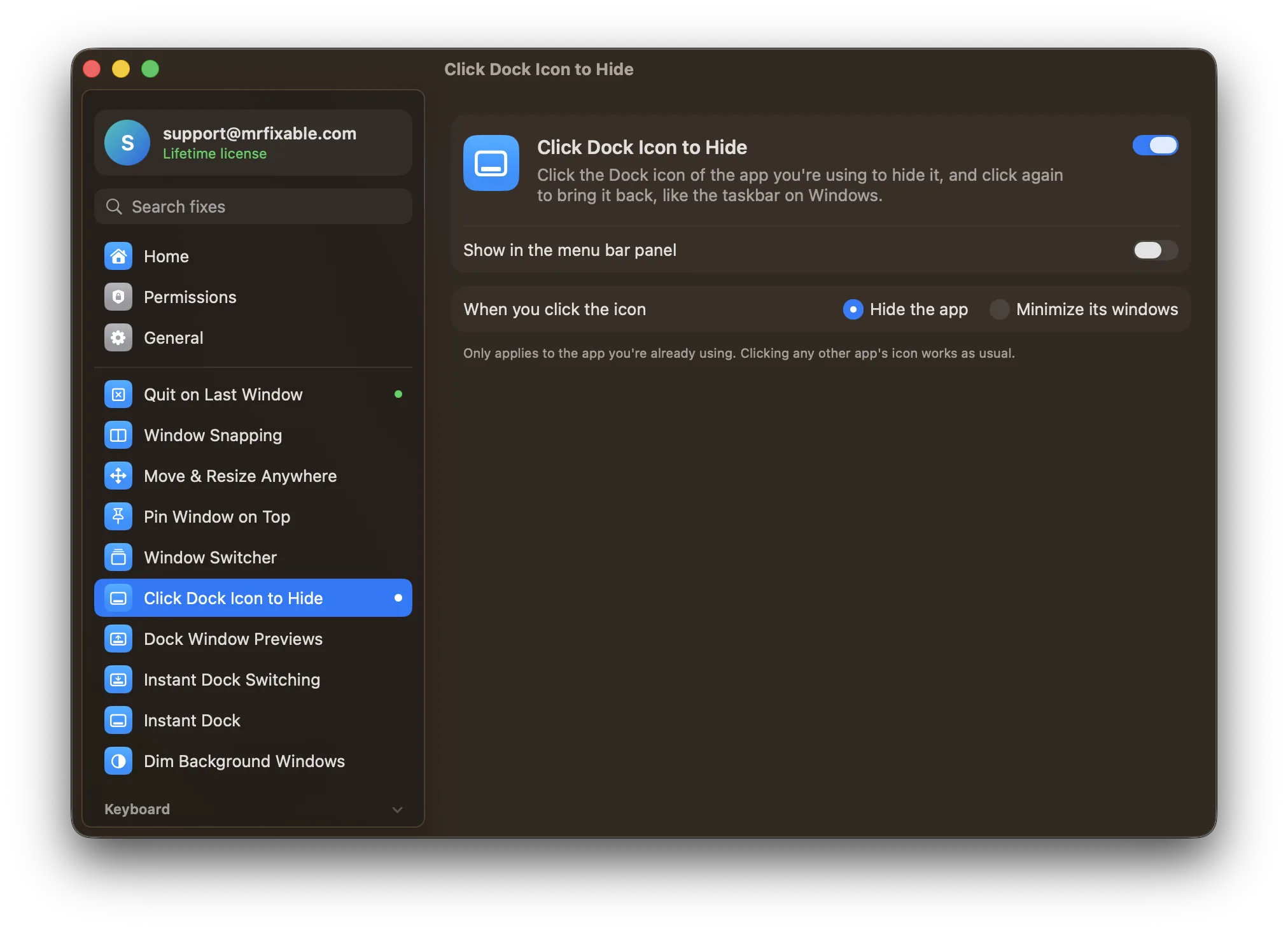 Click Dock Icon to Hide in MrFixable