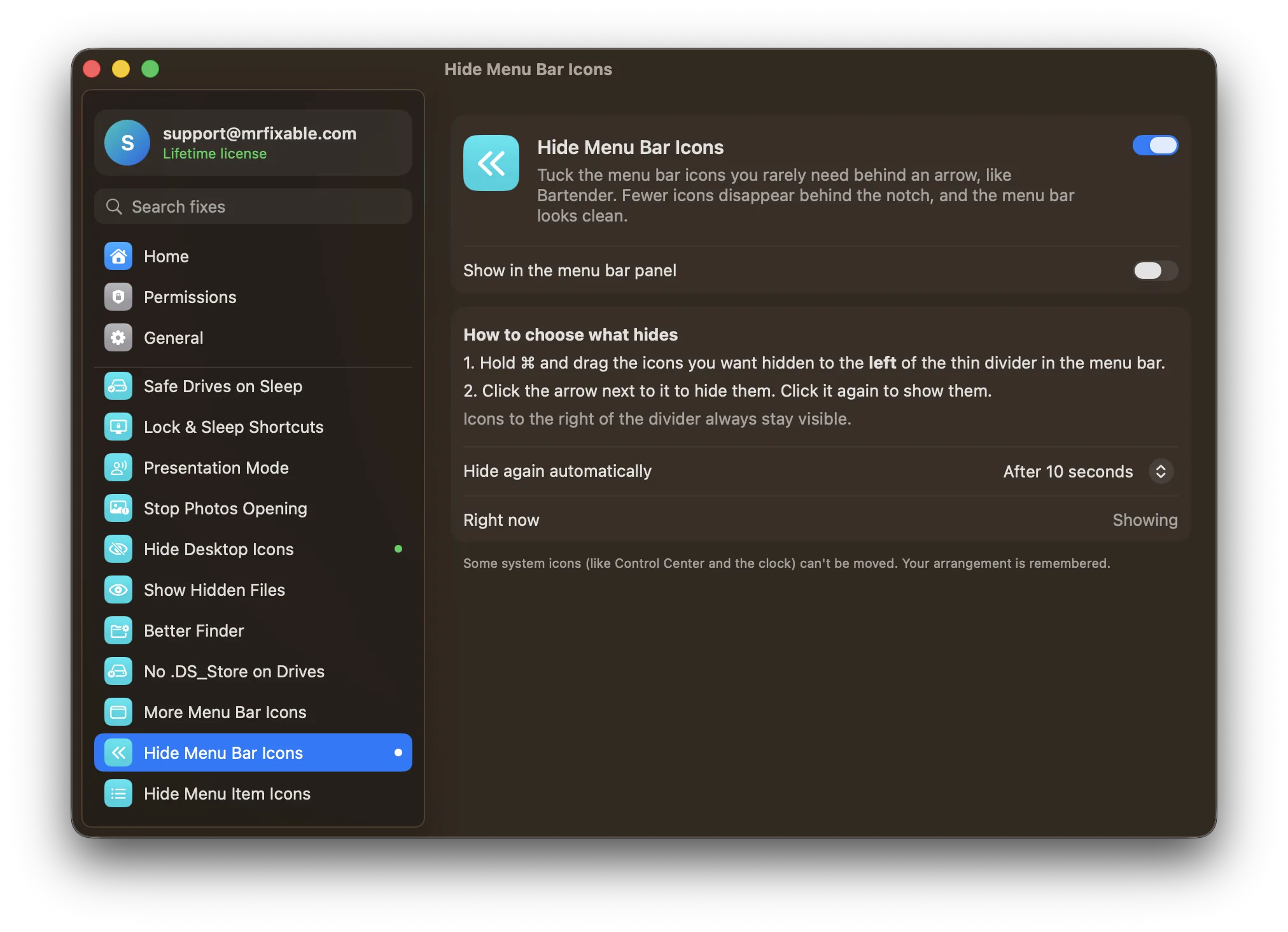 Hide Menu Bar Icons in MrFixable