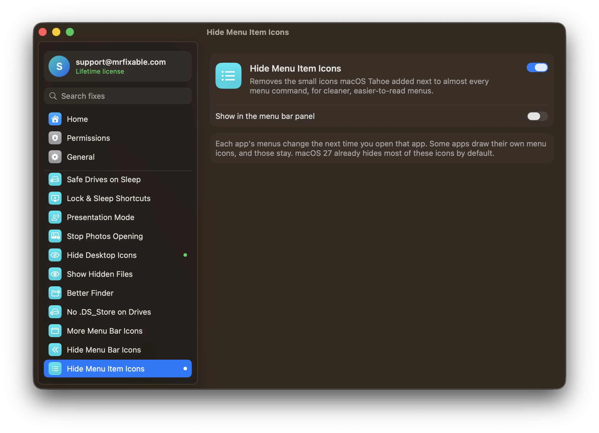 Hide Menu Item Icons in MrFixable