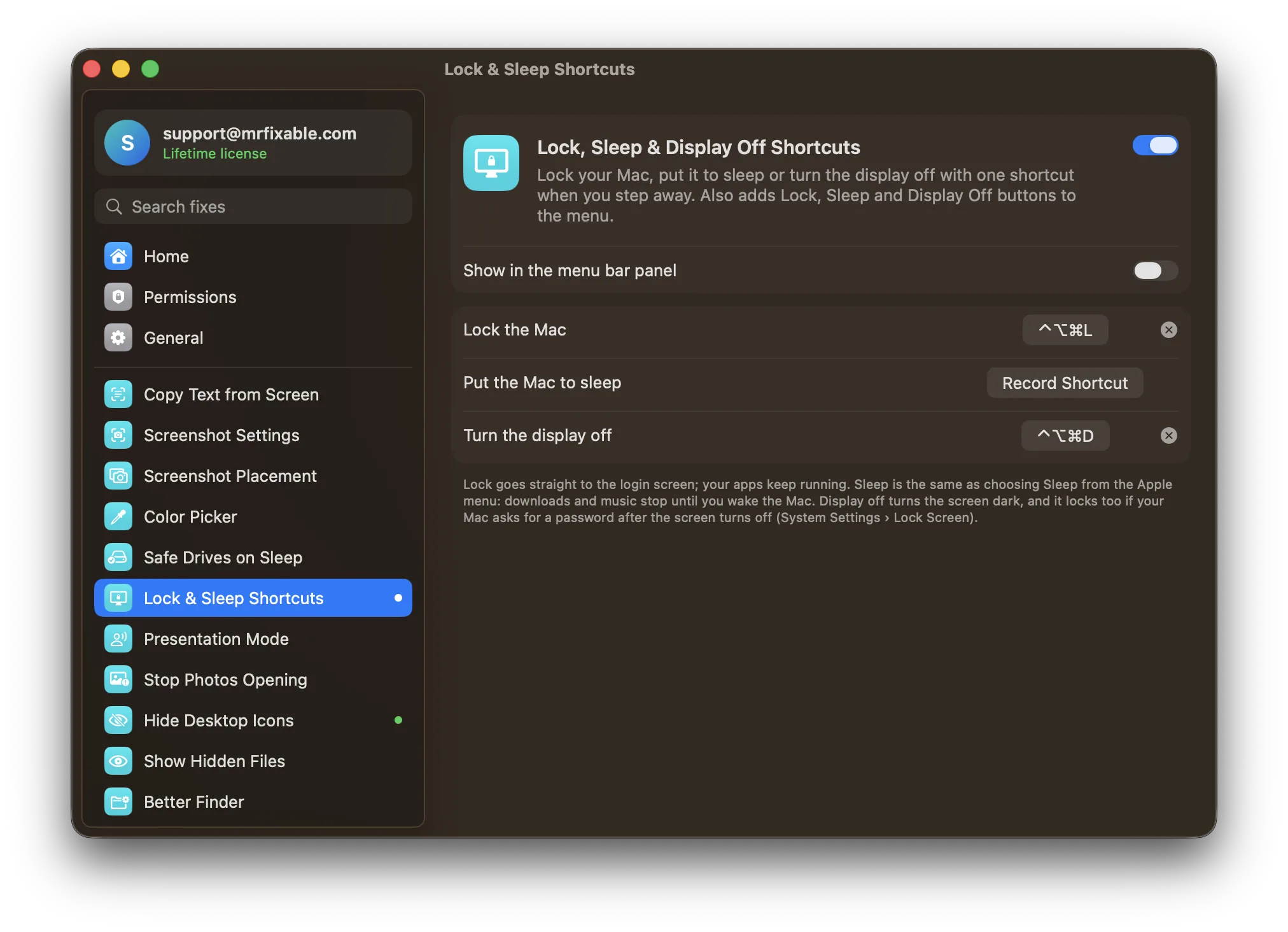 Lock, Sleep & Display Off Shortcuts in MrFixable