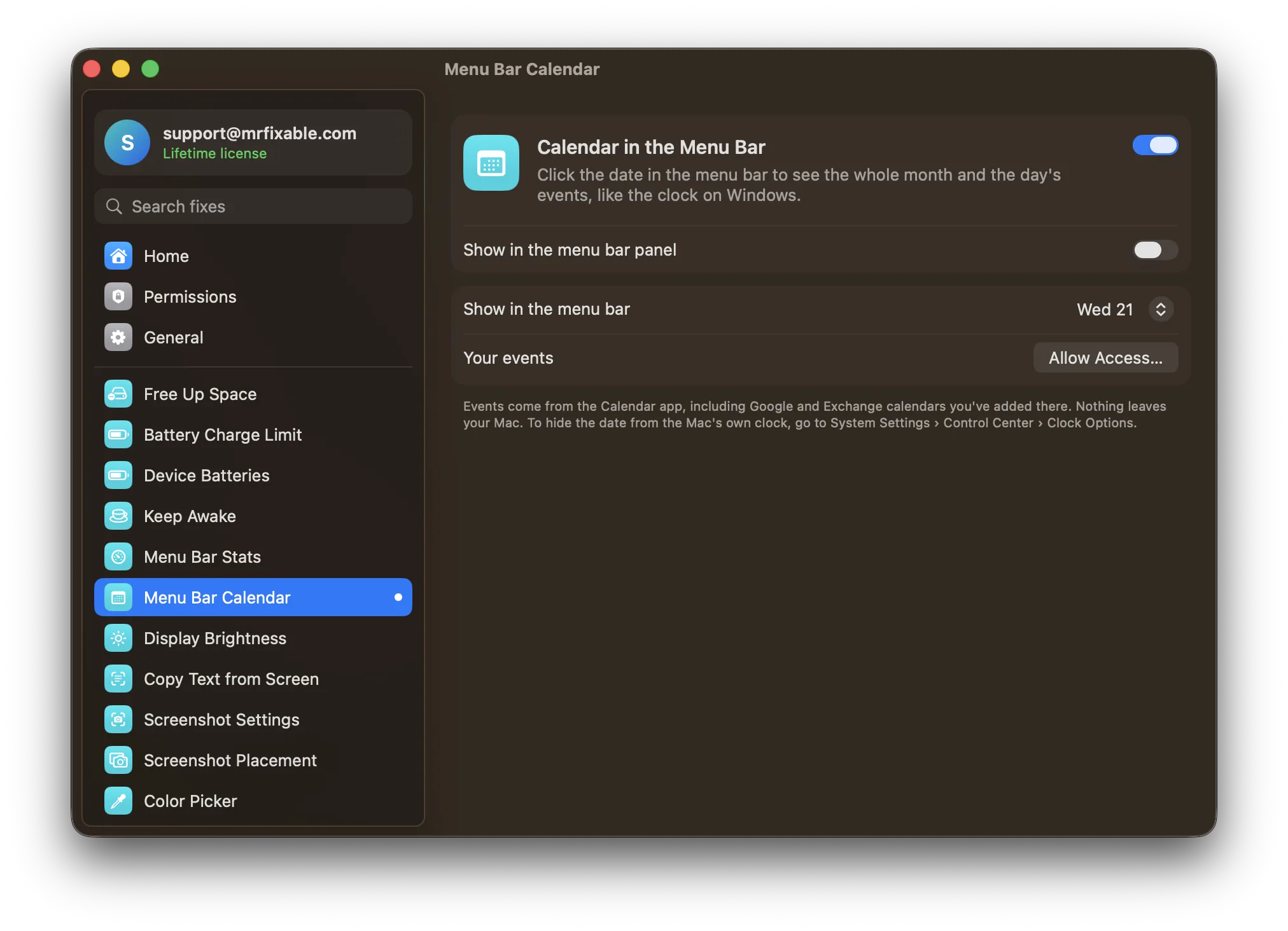 Calendar in the Menu Bar in MrFixable