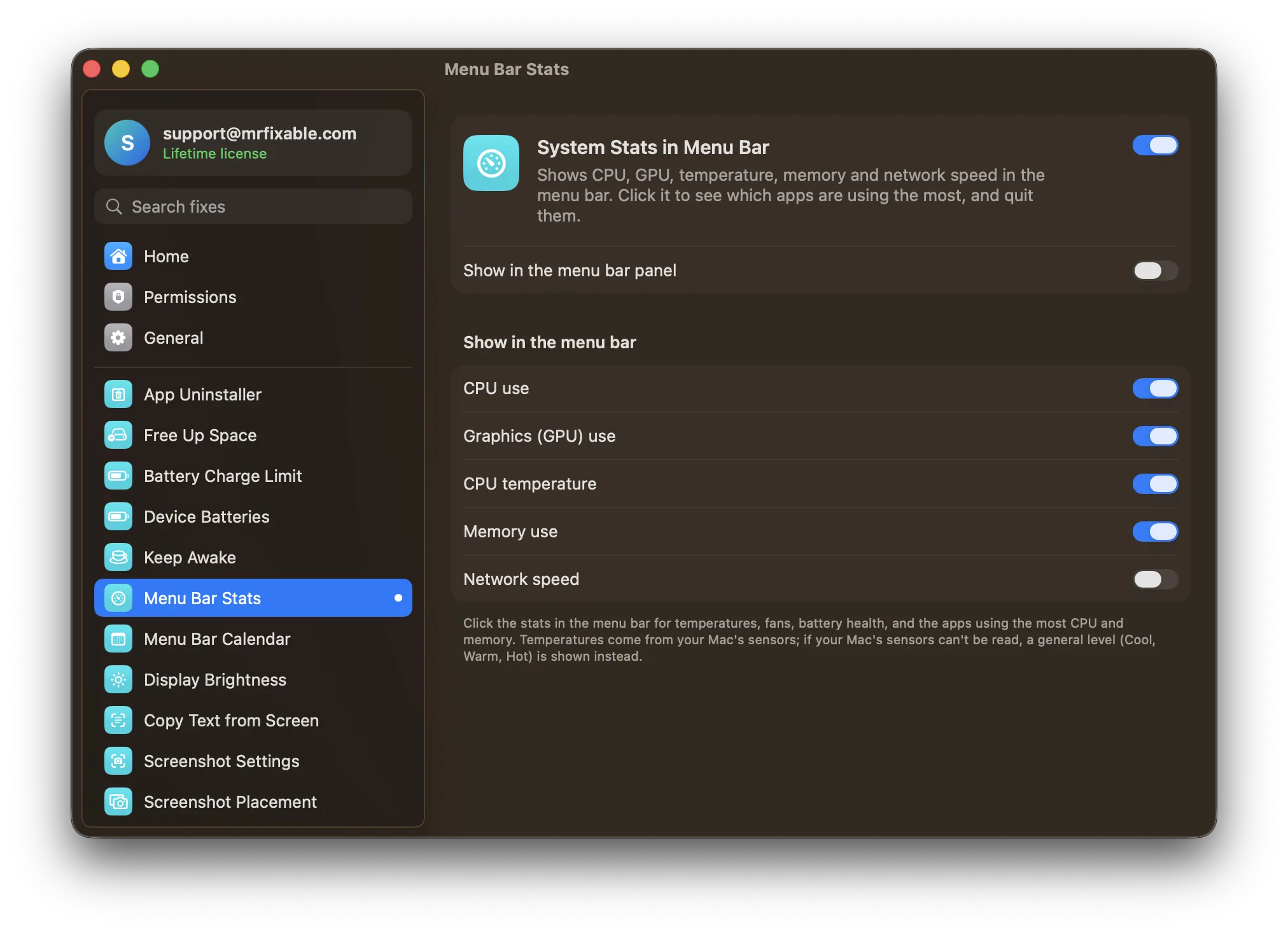 System Stats in Menu Bar in MrFixable