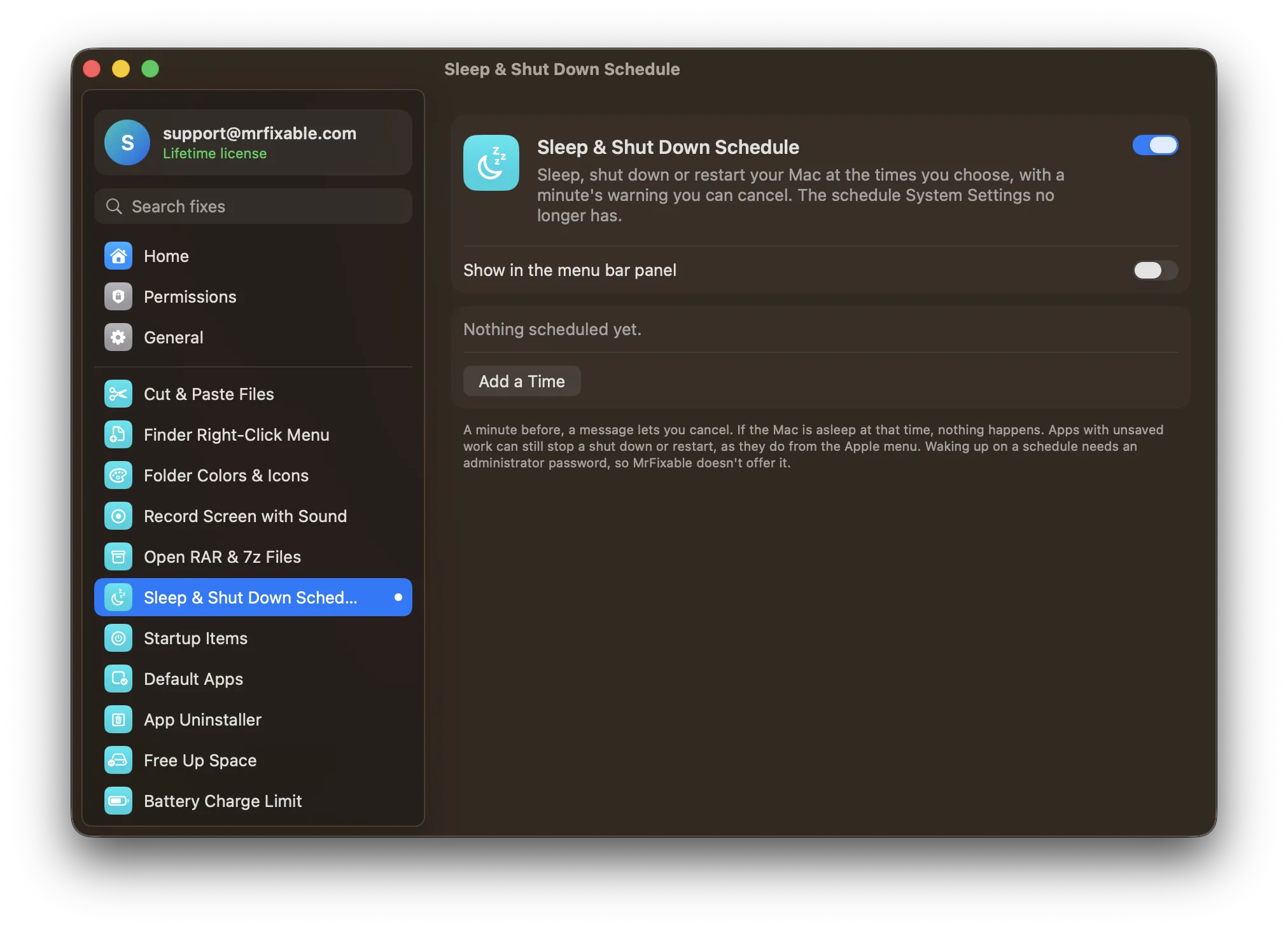 Sleep & Shut Down Schedule in MrFixable