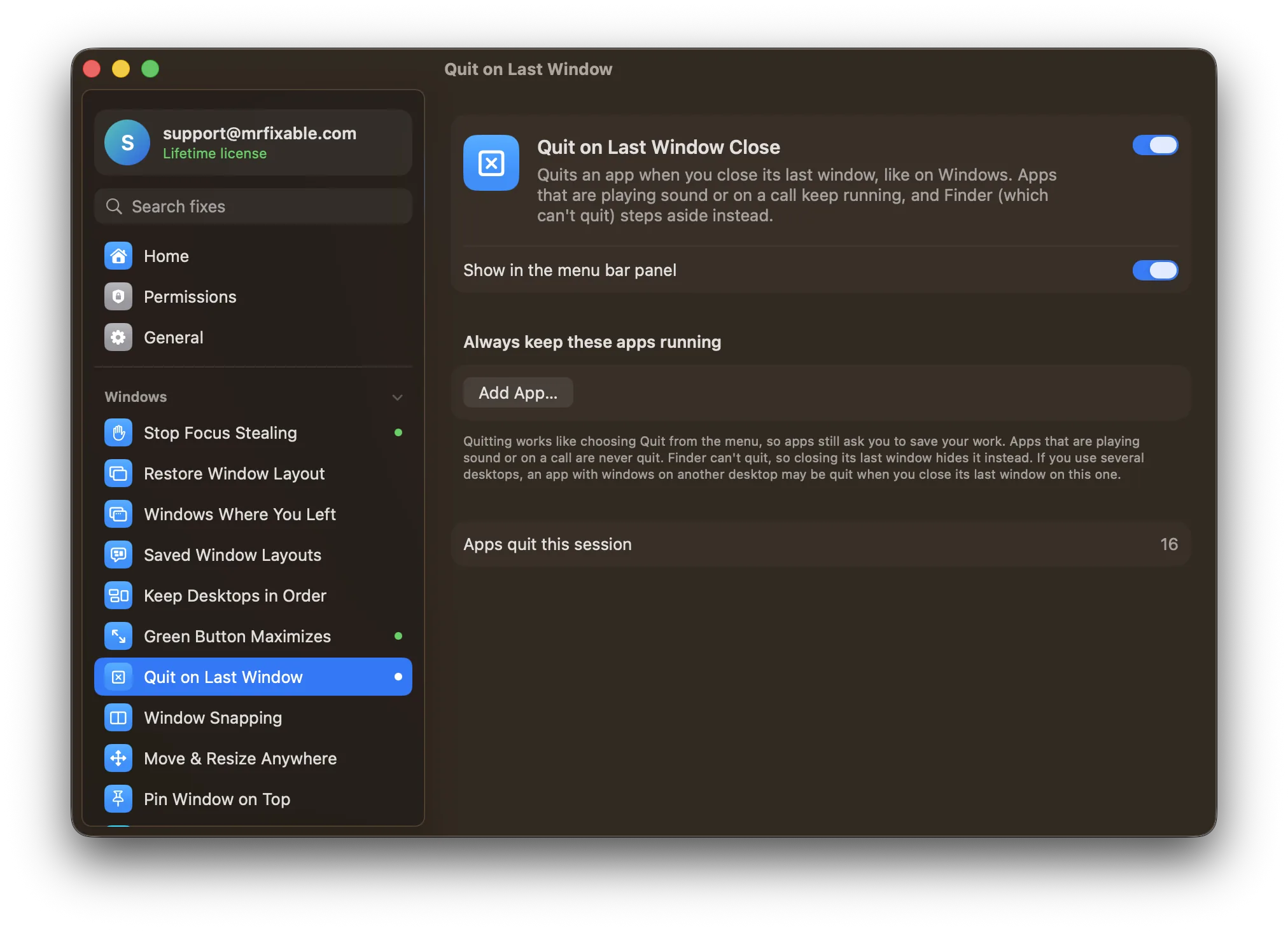 Quit on Last Window Close in MrFixable