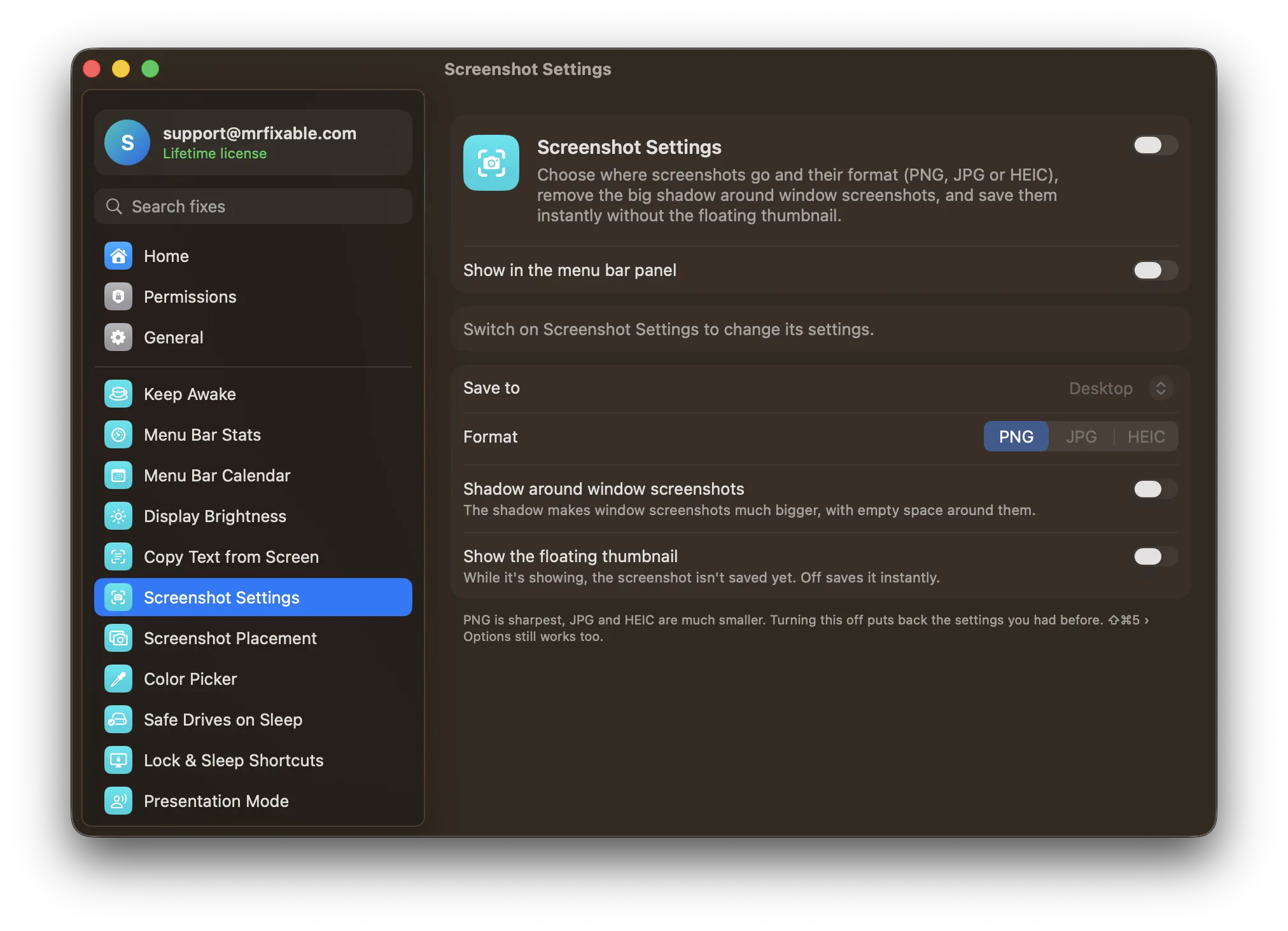 Screenshot Settings in MrFixable