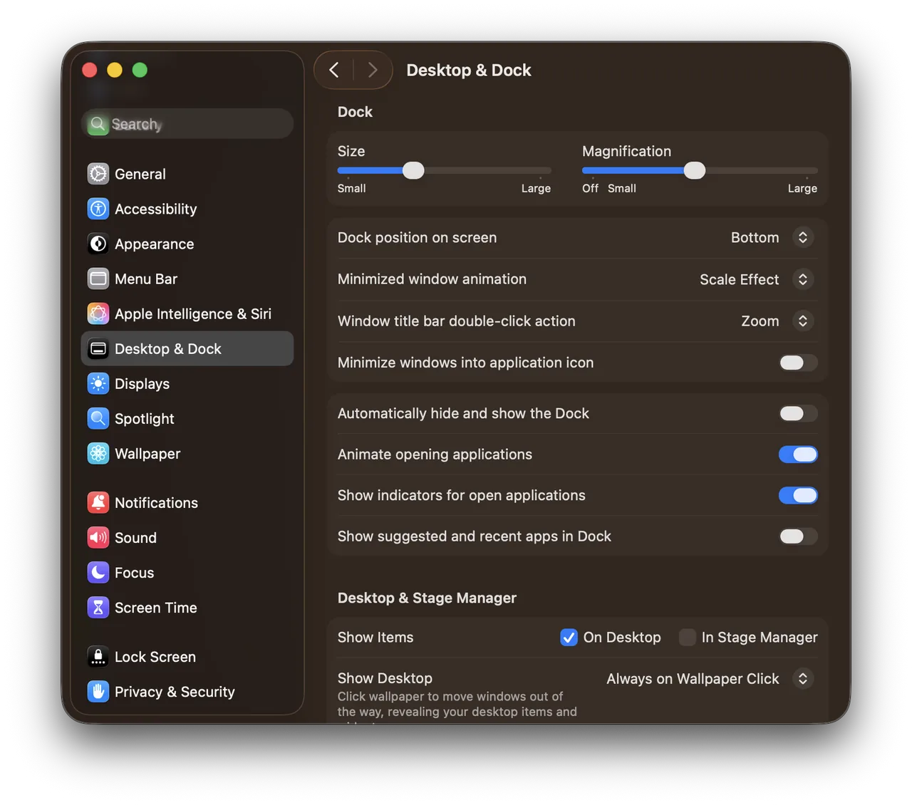 System Settings › Desktop & Dock on macOS 26.1: the Dock settings, the title bar double-click action and Show Items