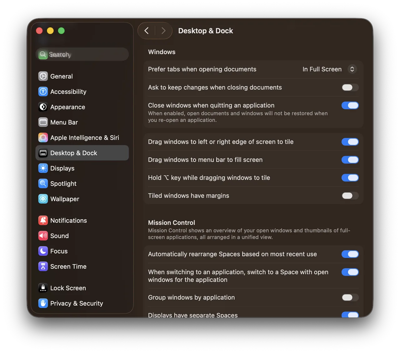System Settings › Desktop & Dock on macOS 26.1: the Windows section with the tiling switches, and Mission Control