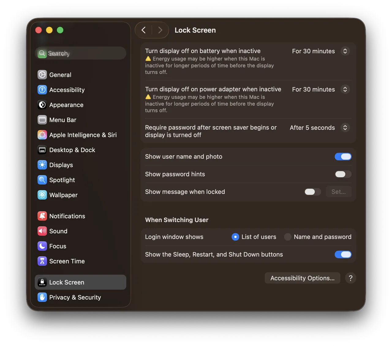 System Settings › Lock Screen on macOS 26.1: the display-off times and the Require password setting