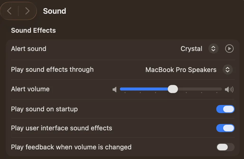 System Settings › Sound on macOS 26.1, with the Play sound on startup switch under Sound Effects (cropped to that section)