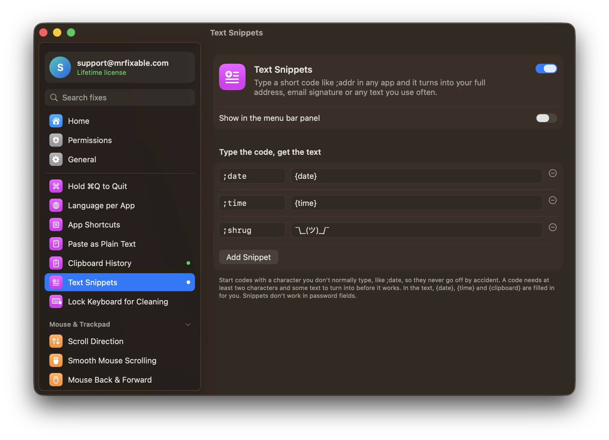 Text Snippets in MrFixable