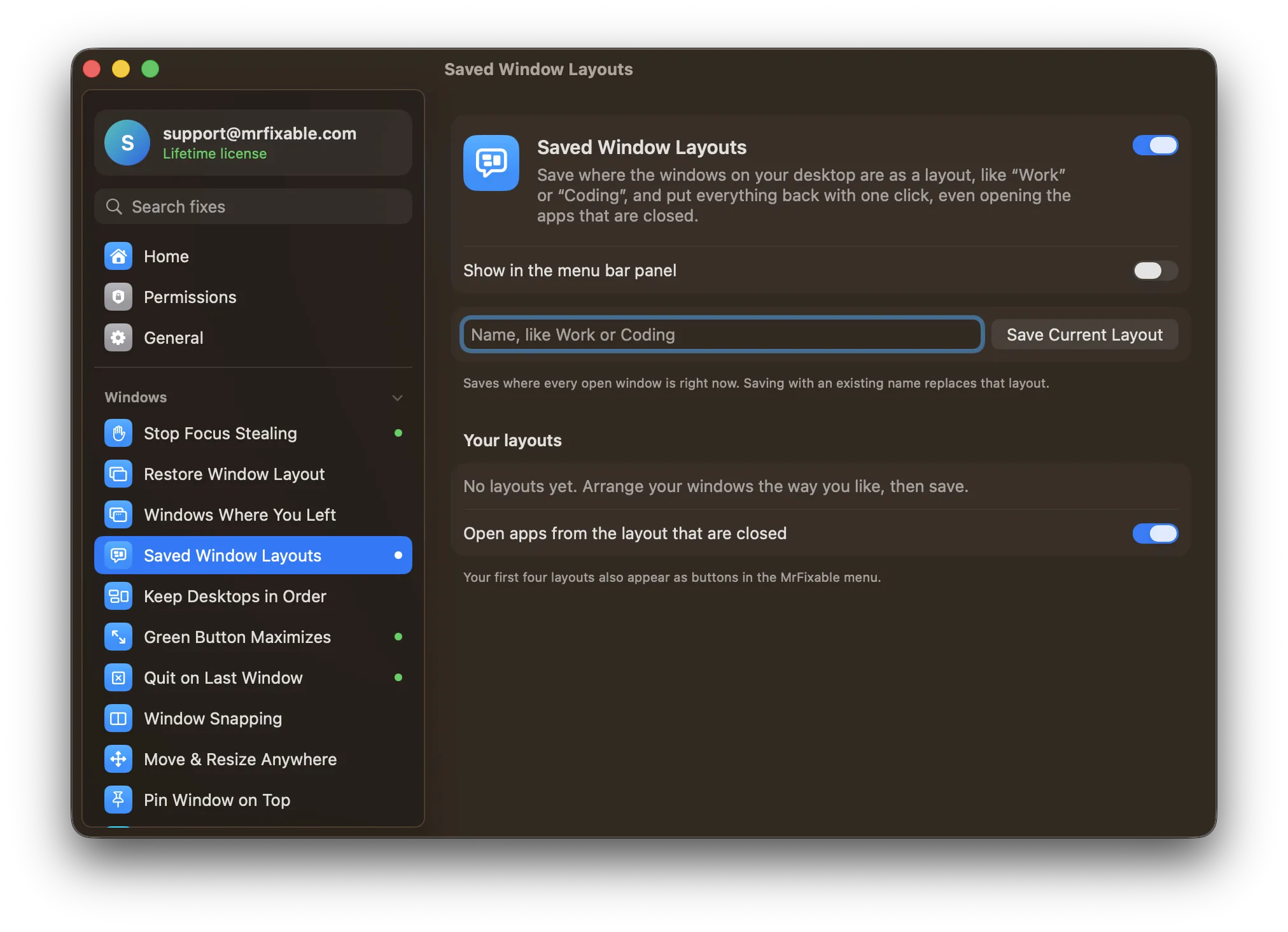 Saved Window Layouts in MrFixable
